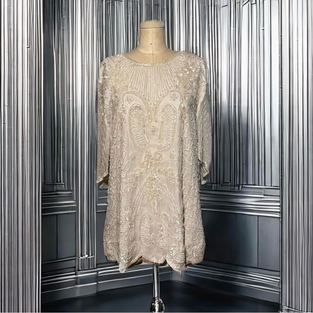 Vintage sequins white silk chiffon shirt dress size small